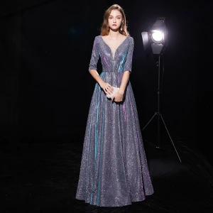 Bling Bling Multi Couleurs Transparentes Robe De Soirée 2019 Princesse Encolure Dégagée 1 2 Manches Glitter Polyester Longue Volants Dos Nu Robe De Ceremonie