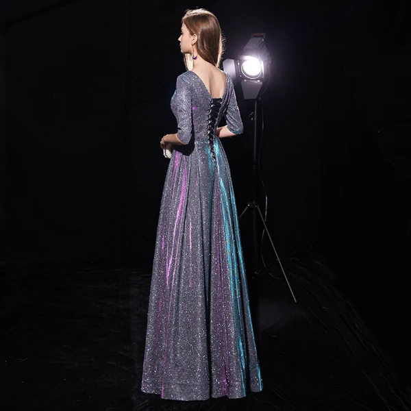 Bling Bling Multi-Colors See-through Evening Dresses  2019 A-Line / Princess Scoop Neck 1/2 Sleeves Glitter Polyester Floor-Length / Long Ruffle Backless Formal Dresses