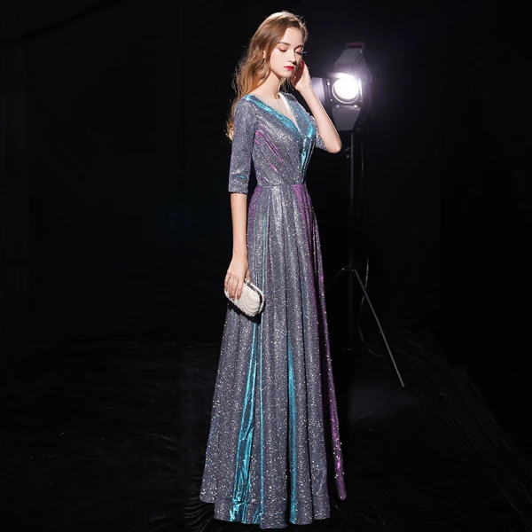 Bling Bling Multi-Colors See-through Evening Dresses  2019 A-Line / Princess Scoop Neck 1/2 Sleeves Glitter Polyester Floor-Length / Long Ruffle Backless Formal Dresses