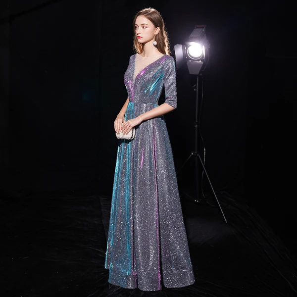 Bling Bling Multi-Colors See-through Evening Dresses  2019 A-Line / Princess Scoop Neck 1/2 Sleeves Glitter Polyester Floor-Length / Long Ruffle Backless Formal Dresses
