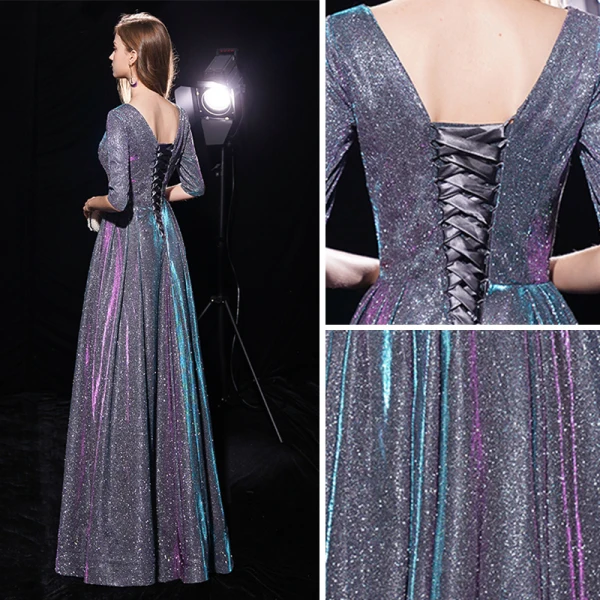 Bling Bling Multi-Colors See-through Evening Dresses  2019 A-Line / Princess Scoop Neck 1/2 Sleeves Glitter Polyester Floor-Length / Long Ruffle Backless Formal Dresses