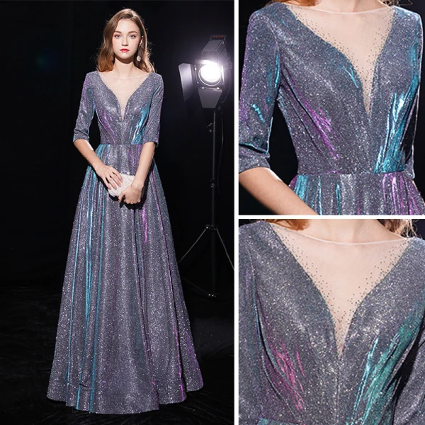 Bling Bling Multi-Colors See-through Evening Dresses  2019 A-Line / Princess Scoop Neck 1/2 Sleeves Glitter Polyester Floor-Length / Long Ruffle Backless Formal Dresses