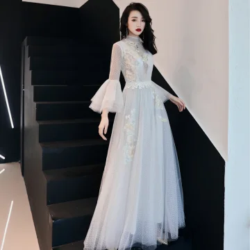 Illusion Ivory See Through Evening Dresses 2019 A Line Princess High Neck Bell Sleeves Spotted Tulle Appliques Lace Floor Length Long Ruffle Formal Dresses Fall