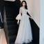 Illusion Ivory See-through Evening Dresses  2019 A-Line / Princess High Neck Bell sleeves Spotted Tulle Appliques Lace Floor-Length / Long Ruffle Formal Dresses Fall
