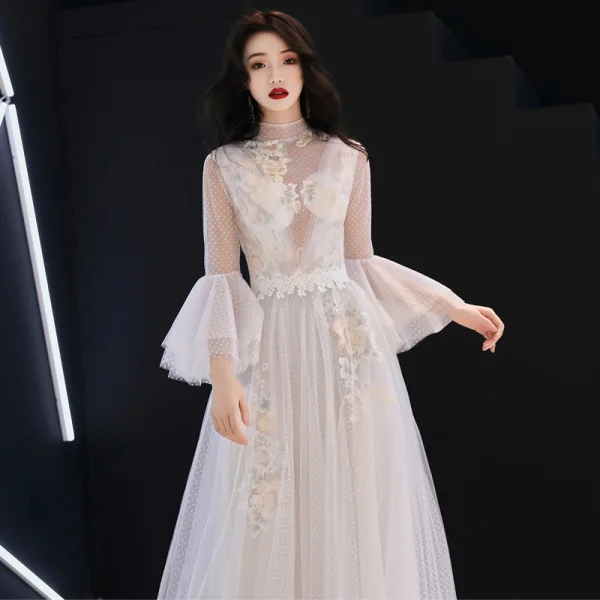 Illusion Ivory See-through Evening Dresses 2019 A-Line / Princess High Neck Bell sleeves Spotted Tulle Appliques Lace Floor-Length / Long Ruffle Formal Dresses Fall