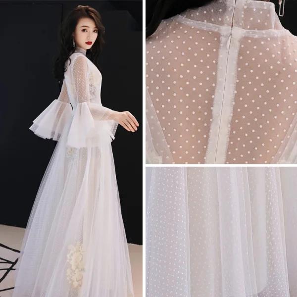Illusion Ivory See-through Evening Dresses 2019 A-Line / Princess High Neck Bell sleeves Spotted Tulle Appliques Lace Floor-Length / Long Ruffle Formal Dresses Fall