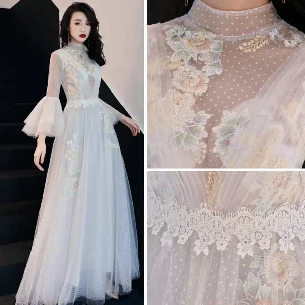 Illusion Ivory See-through Evening Dresses 2019 A-Line / Princess High Neck Bell sleeves Spotted Tulle Appliques Lace Floor-Length / Long Ruffle Formal Dresses Fall