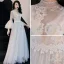Illusion Ivory See-through Evening Dresses  2019 A-Line / Princess High Neck Bell sleeves Spotted Tulle Appliques Lace Floor-Length / Long Ruffle Formal Dresses Fall