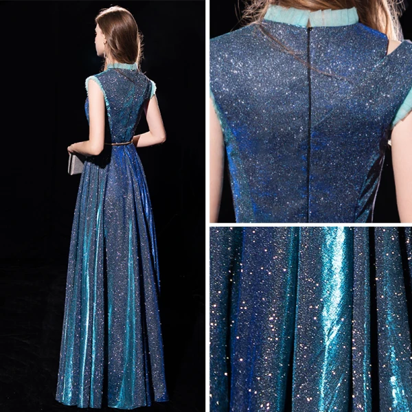 Sternenklarer Himmel Tintenblau Abendkleider 2019 A Linie Stehkragen Ärmellos Metall Stoffgürtel Glanz Polyester Lange Rüschen Festliche Kleider