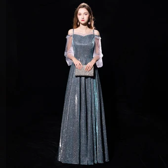 Moderne Mode Vert Foncé Robe De Soirée 2019 Princesse De L Épaule Bretelles Spaghetti Gonflée 3 4 Manches Glitter Polyester Métal Ceinture Longue Volants Robe De Ceremonie