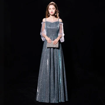 Moderne Mode Vert Foncé Robe De Soirée 2019 Princesse De L Épaule Bretelles Spaghetti Gonflée 3 4 Manches Glitter Polyester Métal Ceinture Longue Volants Robe De Ceremonie