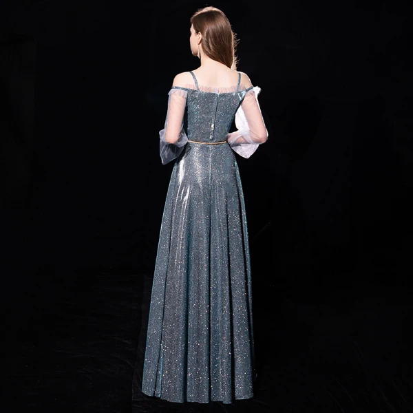 Modern / Fashion Dark Green Evening Dresses  2019 A-Line / Princess Off-The-Shoulder Spaghetti Straps Puffy 3/4 Sleeve Glitter Polyester Metal Sash Floor-Length / Long Ruffle Formal Dresses