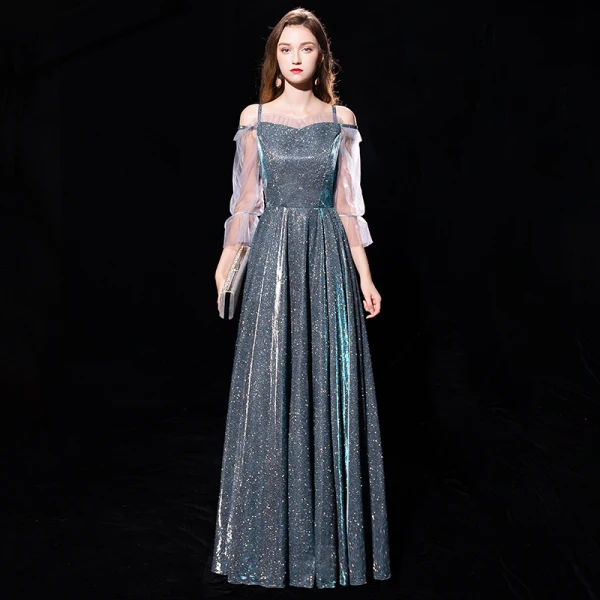 Modern / Fashion Dark Green Evening Dresses  2019 A-Line / Princess Off-The-Shoulder Spaghetti Straps Puffy 3/4 Sleeve Glitter Polyester Metal Sash Floor-Length / Long Ruffle Formal Dresses