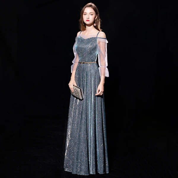 Modern / Fashion Dark Green Evening Dresses  2019 A-Line / Princess Off-The-Shoulder Spaghetti Straps Puffy 3/4 Sleeve Glitter Polyester Metal Sash Floor-Length / Long Ruffle Formal Dresses