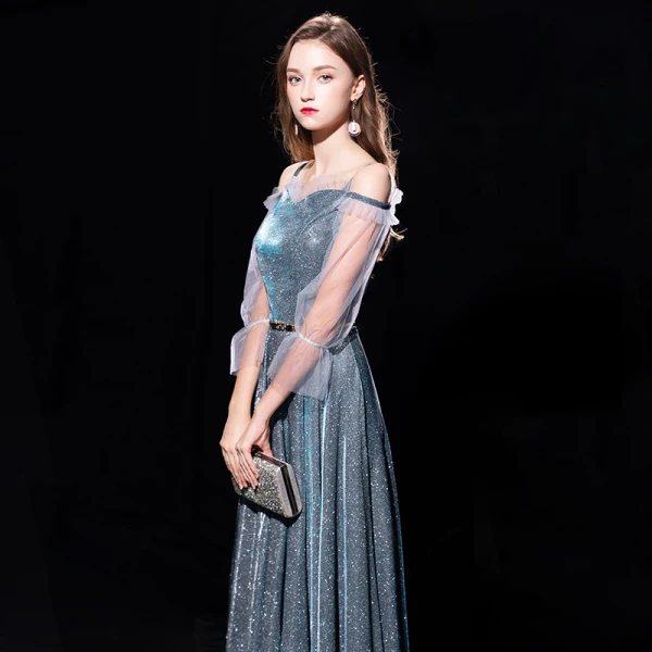 Modern / Fashion Dark Green Evening Dresses  2019 A-Line / Princess Off-The-Shoulder Spaghetti Straps Puffy 3/4 Sleeve Glitter Polyester Metal Sash Floor-Length / Long Ruffle Formal Dresses