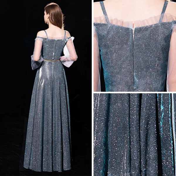 Modern / Fashion Dark Green Evening Dresses  2019 A-Line / Princess Off-The-Shoulder Spaghetti Straps Puffy 3/4 Sleeve Glitter Polyester Metal Sash Floor-Length / Long Ruffle Formal Dresses
