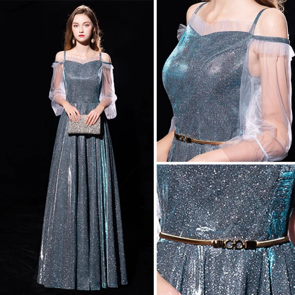 Modern / Fashion Dark Green Evening Dresses  2019 A-Line / Princess Off-The-Shoulder Spaghetti Straps Puffy 3/4 Sleeve Glitter Polyester Metal Sash Floor-Length / Long Ruffle Formal Dresses