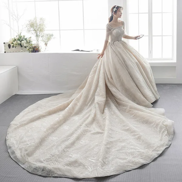 Luxury / Gorgeous Champagne Wedding Dresses 2019 A-Line / Princess Square Neckline Bell sleeves Backless Appliques Lace Glitter Tulle Cathedral Train Ruffle