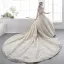 Luxury / Gorgeous Champagne Wedding Dresses 2019 A-Line / Princess Square Neckline Bell sleeves Backless Appliques Lace Glitter Tulle Cathedral Train Ruffle