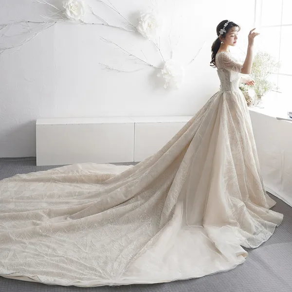 Luxury / Gorgeous Champagne Wedding Dresses 2019 A-Line / Princess Square Neckline Bell sleeves Backless Appliques Lace Glitter Tulle Cathedral Train Ruffle