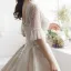 Luxury / Gorgeous Champagne Wedding Dresses 2019 A-Line / Princess Square Neckline Bell sleeves Backless Appliques Lace Glitter Tulle Cathedral Train Ruffle