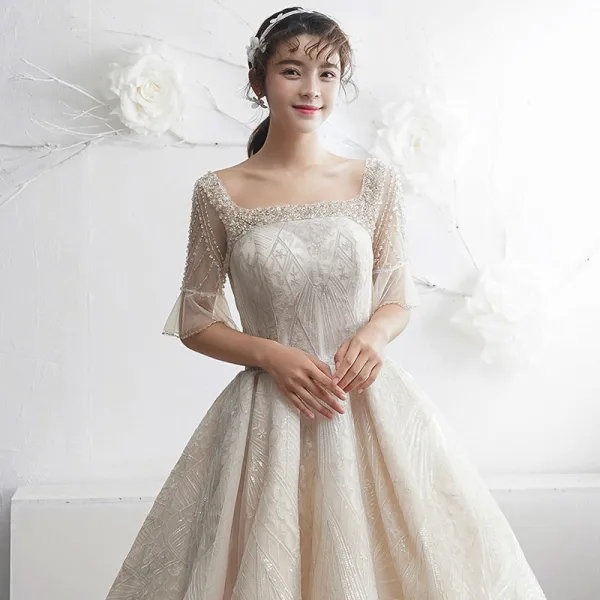Luxury / Gorgeous Champagne Wedding Dresses 2019 A-Line / Princess Square Neckline Bell sleeves Backless Appliques Lace Glitter Tulle Cathedral Train Ruffle