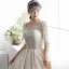 Luxury / Gorgeous Champagne Wedding Dresses 2019 A-Line / Princess Square Neckline Bell sleeves Backless Appliques Lace Glitter Tulle Cathedral Train Ruffle