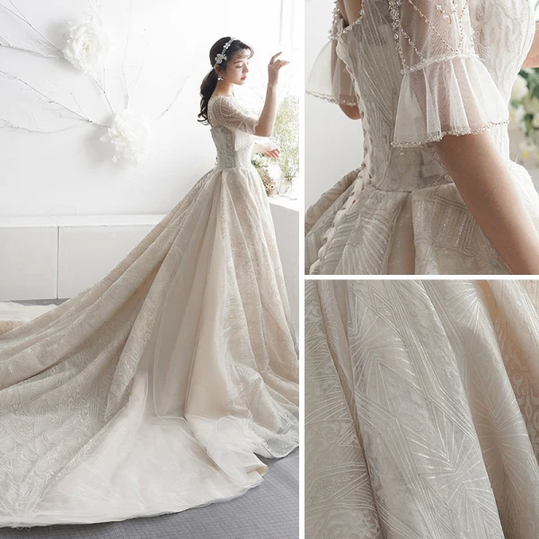 Luxury / Gorgeous Champagne Wedding Dresses 2019 A-Line / Princess Square Neckline Bell sleeves Backless Appliques Lace Glitter Tulle Cathedral Train Ruffle