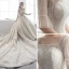 Luxury / Gorgeous Champagne Wedding Dresses 2019 A-Line / Princess Square Neckline Bell sleeves Backless Appliques Lace Glitter Tulle Cathedral Train Ruffle