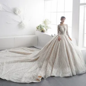 Luxe Champagne Transparentes Robe De Mariée 2019 Princesse Encolure Carrée Manches Longues Perlage Glitter Tulle Cathedral Train Volants
