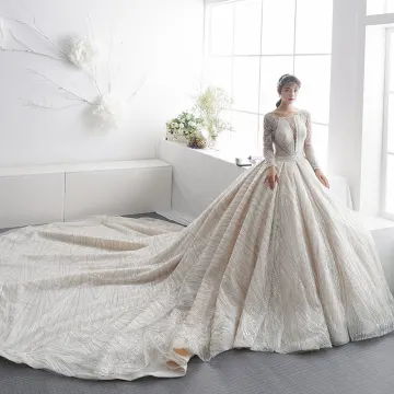 Luxury Gorgeous Champagne See Through Wedding Dresses 2019 A Line Princess Square Neckline Long Sleeve Beading Glitter Tulle Cathedral Train Ruffle