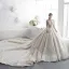 Luxus / Herrlich Champagner Durchsichtige Brautkleider / Hochzeitskleider 2019 A Linie Eckiger Ausschnitt Lange Ärmel Perlenstickerei Glanz Tülle Kathedrale Schleppe Rüschen