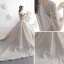 Luxus / Herrlich Champagner Durchsichtige Brautkleider / Hochzeitskleider 2019 A Linie Eckiger Ausschnitt Lange Ärmel Perlenstickerei Glanz Tülle Kathedrale Schleppe Rüschen