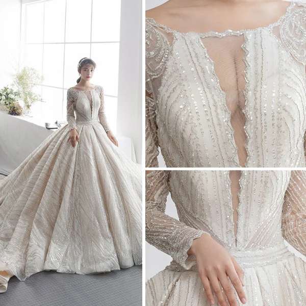 Luxus / Herrlich Champagner Durchsichtige Brautkleider / Hochzeitskleider 2019 A Linie Eckiger Ausschnitt Lange Ärmel Perlenstickerei Glanz Tülle Kathedrale Schleppe Rüschen