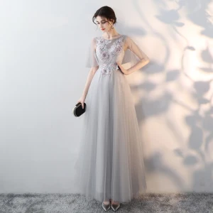 Elegant Grey Evening Dresses 2018 Empire Scoop Neck 1 2 Sleeves See Through Appliques Flower Rhinestone Floor Length Long Ruffle Formal Dresses