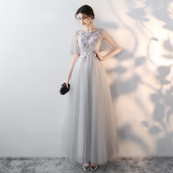 Élégant Gris Robe De Soirée 2018 Empire Encolure Dégagée 1 2 Manches Transparentes Appliques Fleur Faux Diamant Longue Volants Robe De Ceremonie