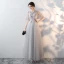 Elegant Grey Evening Dresses  2018 Empire Scoop Neck 1/2 Sleeves See-through Appliques Flower Rhinestone Floor-Length / Long Ruffle Formal Dresses