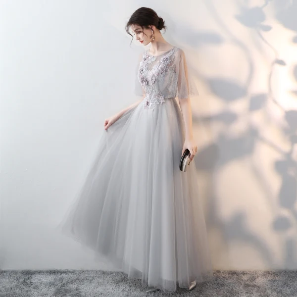 Elegant Grey Evening Dresses 2018 Empire Scoop Neck 1/2 Sleeves See-through Appliques Flower Rhinestone Floor-Length / Long Ruffle Formal Dresses