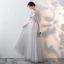 Elegant Grey Evening Dresses  2018 Empire Scoop Neck 1/2 Sleeves See-through Appliques Flower Rhinestone Floor-Length / Long Ruffle Formal Dresses