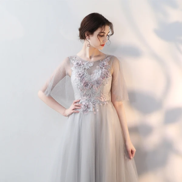 Elegant Grey Evening Dresses 2018 Empire Scoop Neck 1/2 Sleeves See-through Appliques Flower Rhinestone Floor-Length / Long Ruffle Formal Dresses