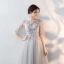 Elegant Grey Evening Dresses  2018 Empire Scoop Neck 1/2 Sleeves See-through Appliques Flower Rhinestone Floor-Length / Long Ruffle Formal Dresses