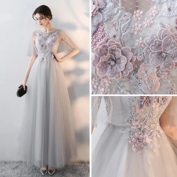 Elegant Grey Evening Dresses 2018 Empire Scoop Neck 1/2 Sleeves See-through Appliques Flower Rhinestone Floor-Length / Long Ruffle Formal Dresses