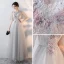 Elegant Grey Evening Dresses  2018 Empire Scoop Neck 1/2 Sleeves See-through Appliques Flower Rhinestone Floor-Length / Long Ruffle Formal Dresses