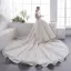 Luxury / Gorgeous Champagne Pierced Wedding Dresses 2019 A-Line / Princess Scoop Neck Long Sleeve Backless Appliques Lace Pearl Cathedral Train Ruffle