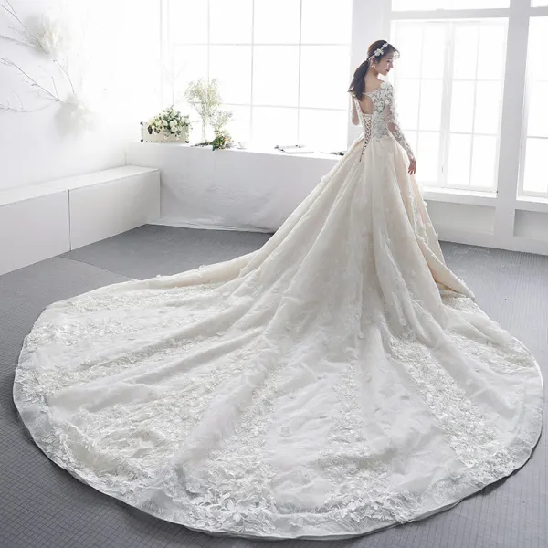 Luxury / Gorgeous Champagne Pierced Wedding Dresses 2019 A-Line / Princess Scoop Neck Long Sleeve Backless Appliques Lace Pearl Cathedral Train Ruffle