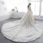 Luxury / Gorgeous Champagne Pierced Wedding Dresses 2019 A-Line / Princess Scoop Neck Long Sleeve Backless Appliques Lace Pearl Cathedral Train Ruffle