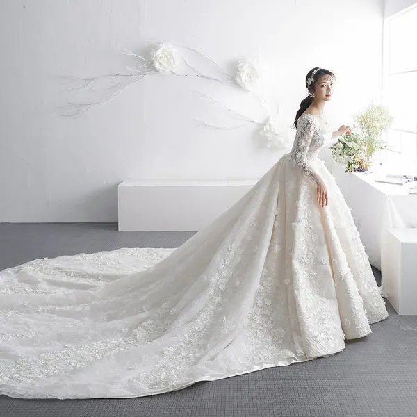 Luxury / Gorgeous Champagne Pierced Wedding Dresses 2019 A-Line / Princess Scoop Neck Long Sleeve Backless Appliques Lace Pearl Cathedral Train Ruffle