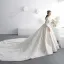 Luxury / Gorgeous Champagne Pierced Wedding Dresses 2019 A-Line / Princess Scoop Neck Long Sleeve Backless Appliques Lace Pearl Cathedral Train Ruffle