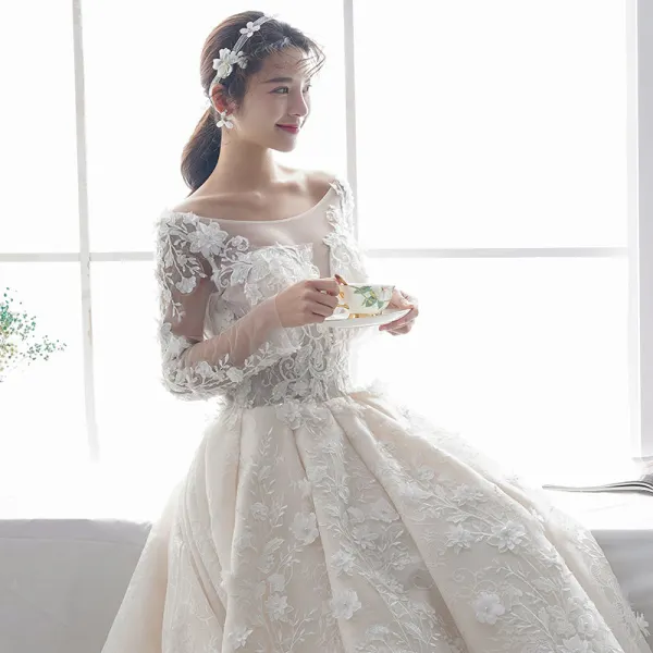 Luxury / Gorgeous Champagne Pierced Wedding Dresses 2019 A-Line / Princess Scoop Neck Long Sleeve Backless Appliques Lace Pearl Cathedral Train Ruffle