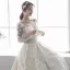 Luxury / Gorgeous Champagne Pierced Wedding Dresses 2019 A-Line / Princess Scoop Neck Long Sleeve Backless Appliques Lace Pearl Cathedral Train Ruffle